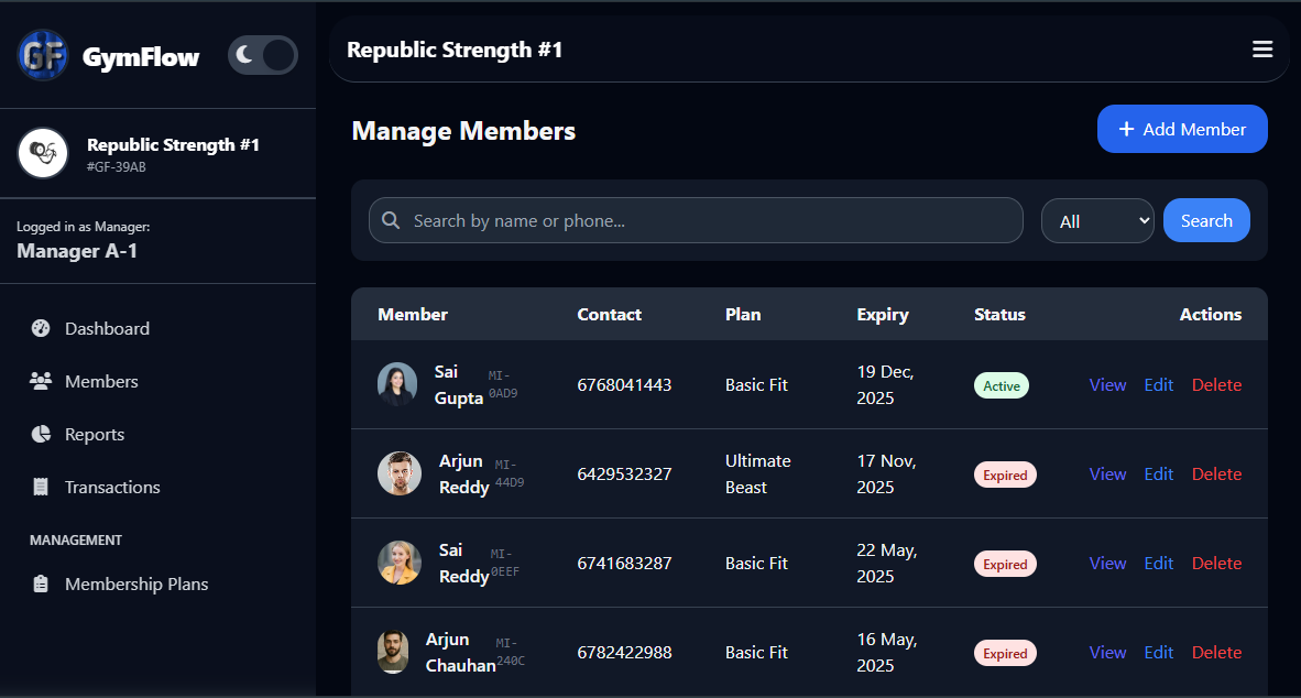 GymFlow member list screen