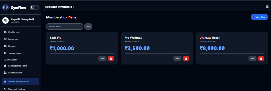 GymFlow plan management screen